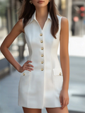 Women's Chic Summer White Single Breasted Sleeveless Slim Fit Dress