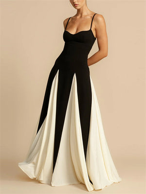 Female's Elegant Black White Contrast Color Spaghetti Strap Dress