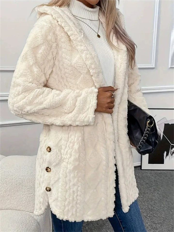 ‌Women's Button Up Warm Fleece Hooded Jacket