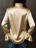 Women's Elegant Satin Blouse Long Sleeve Button Up Shirts