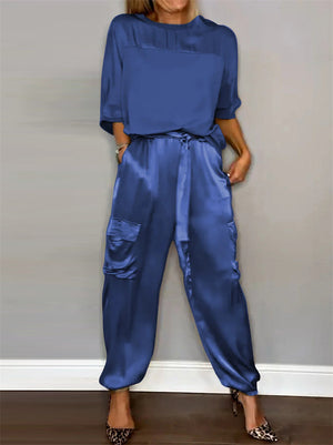 Women's 2Pcs Solid Color Short Sleeve Satin Round Neck Shirt & Pants Set