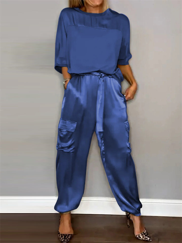 Women's 2Pcs Solid Color Short Sleeve Satin Round Neck Shirt & Pants Set