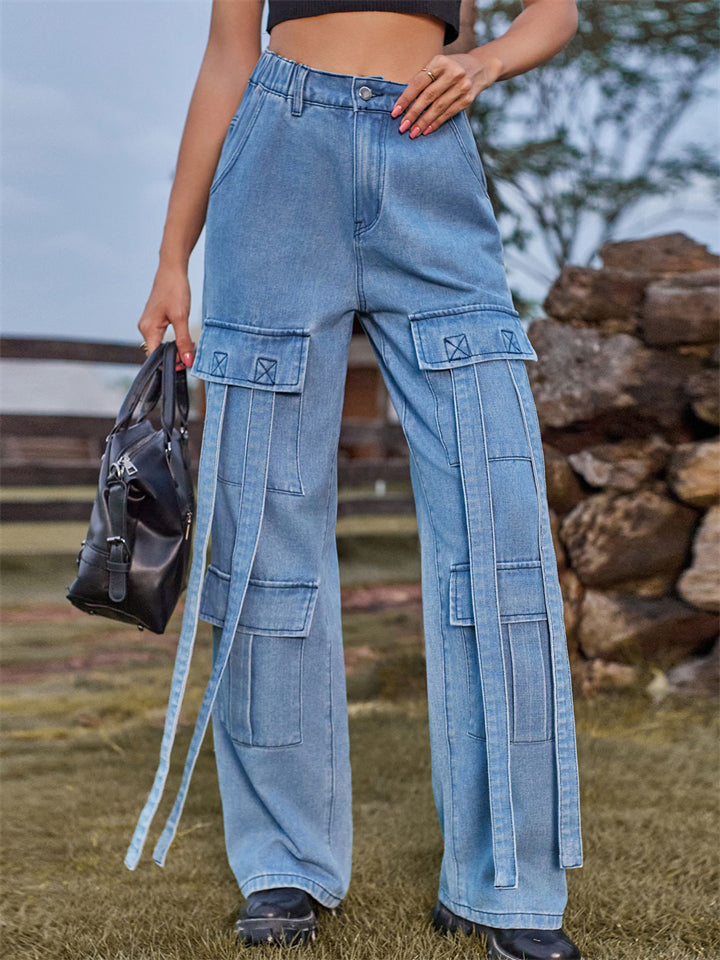 Retro Personality Lady Ribbon Design Denim Trouser