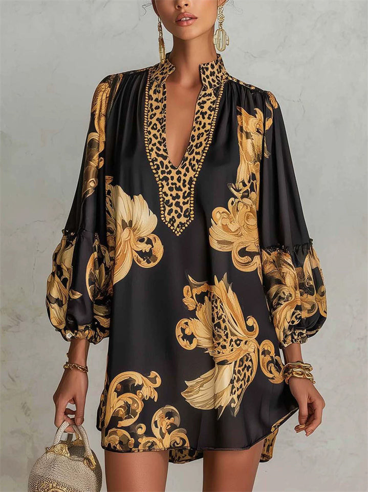 Women Baroque Leopard Print V Neck Lantern Sleeve Mini Dress