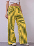 Women's Summer Contrast Color Striped Mid-Rise Drawstring Wide Leg Pants