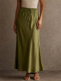 Women High Waist Satin Drawstring Flowy Silky Midi Skirt
