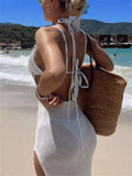 Female Sexy Split Beachwear Halter Neck Knit Cover-up Dress