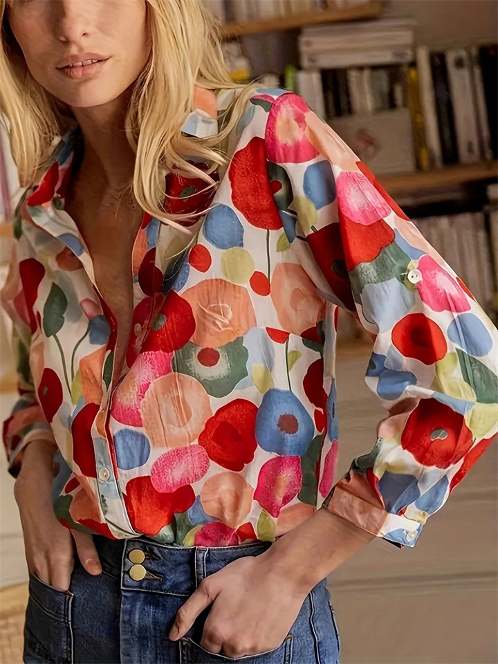 Women's 3/4 Sleeve Lapel Floral Print Blouse