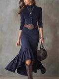 ‌Vintage Elegant Blue Faux Suede Semi High Neck Buttoned Dress for Women‌