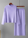 Elegant Crew Neck Knitted Sweater + Side Slit Skirt