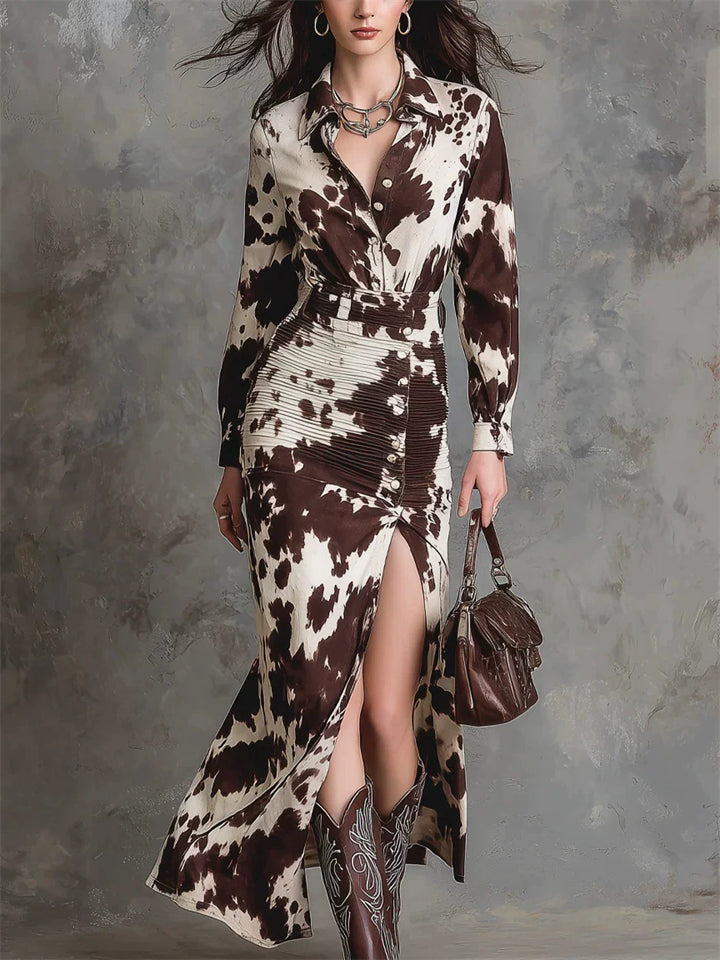‌Women's Cow Print Contrast Color Midi Slim Fit Split Shirt Dress