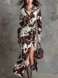 ‌Women's Cow Print Contrast Color Midi Slim Fit Split Shirt Dress