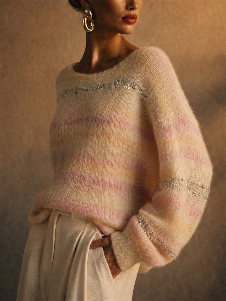 Women Pastel Striped Sequin Mohair Look Soft Knit Sweater