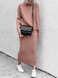 Women's Elegant Ribbed Turtleneck Sweater Skirt Knitted Sets