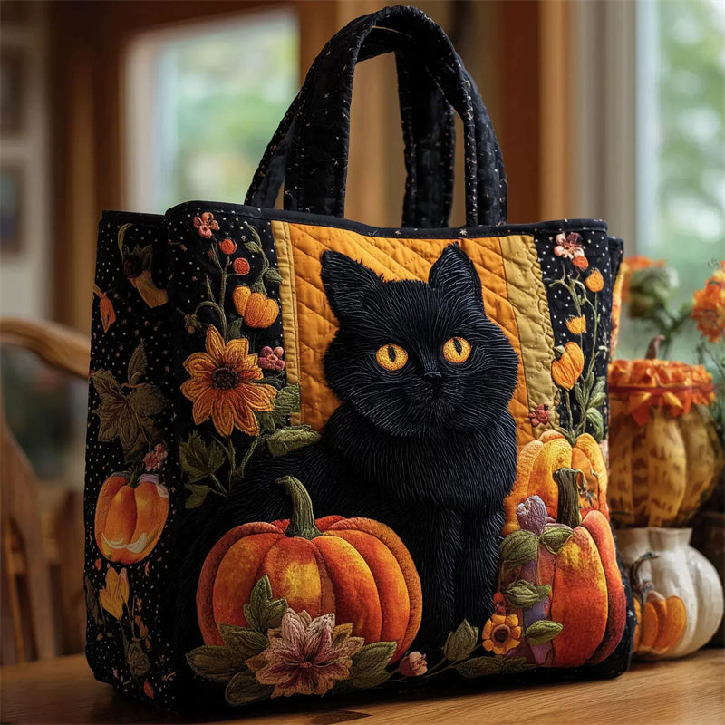 ‌Women's Quilted Floral Cat Pumpkin Tote Bag