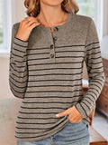 Women's Contrast Color Stripe Quarter Button Long Sleeve T-Shirt