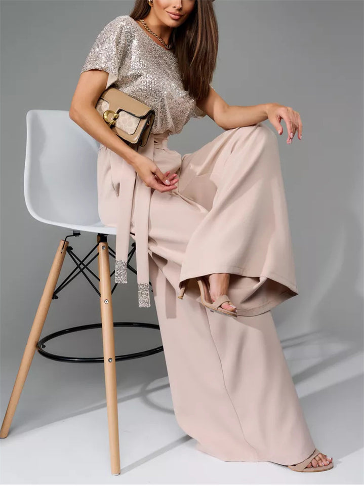 Fashion Sequin Short Sleeve Shirt Wide Leg Jumpsuit for Women