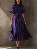 Women Elegant Shiny Puff Sleeve Smocked Maxi Party Dress