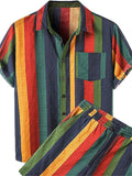 Men's 2Pcs Contrast Color Striped Beach Lapel Short Sleeve &Short Set