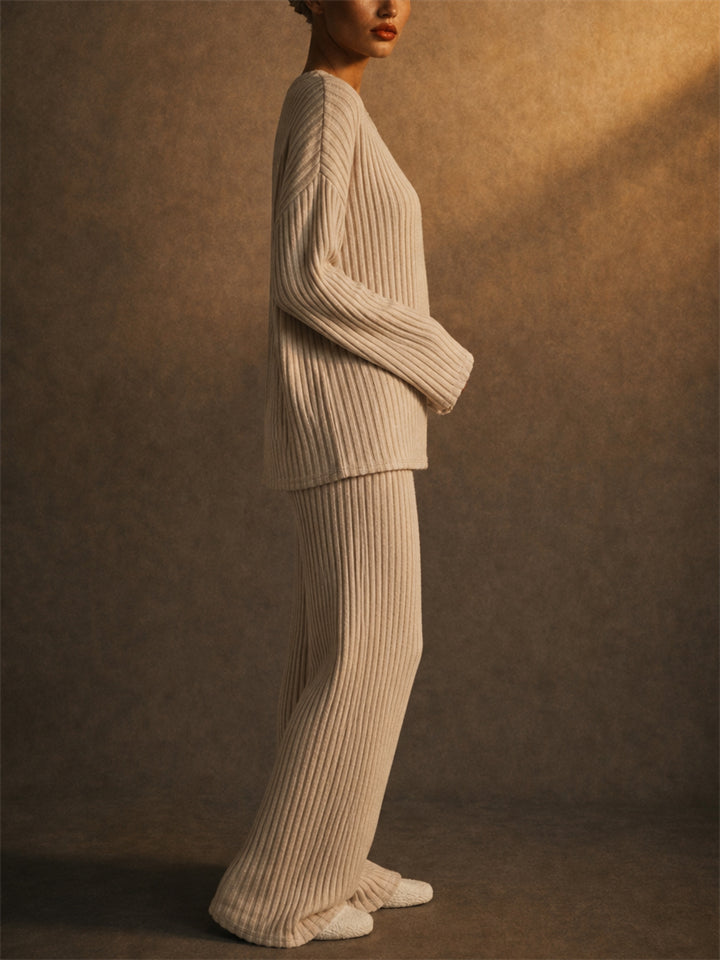 Women V Neck Ribbed Knit 2 Piece Sweater and Wide Leg Pants Set
