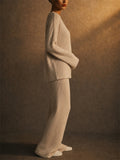 Women V Neck Ribbed Knit 2 Piece Sweater and Wide Leg Pants Set