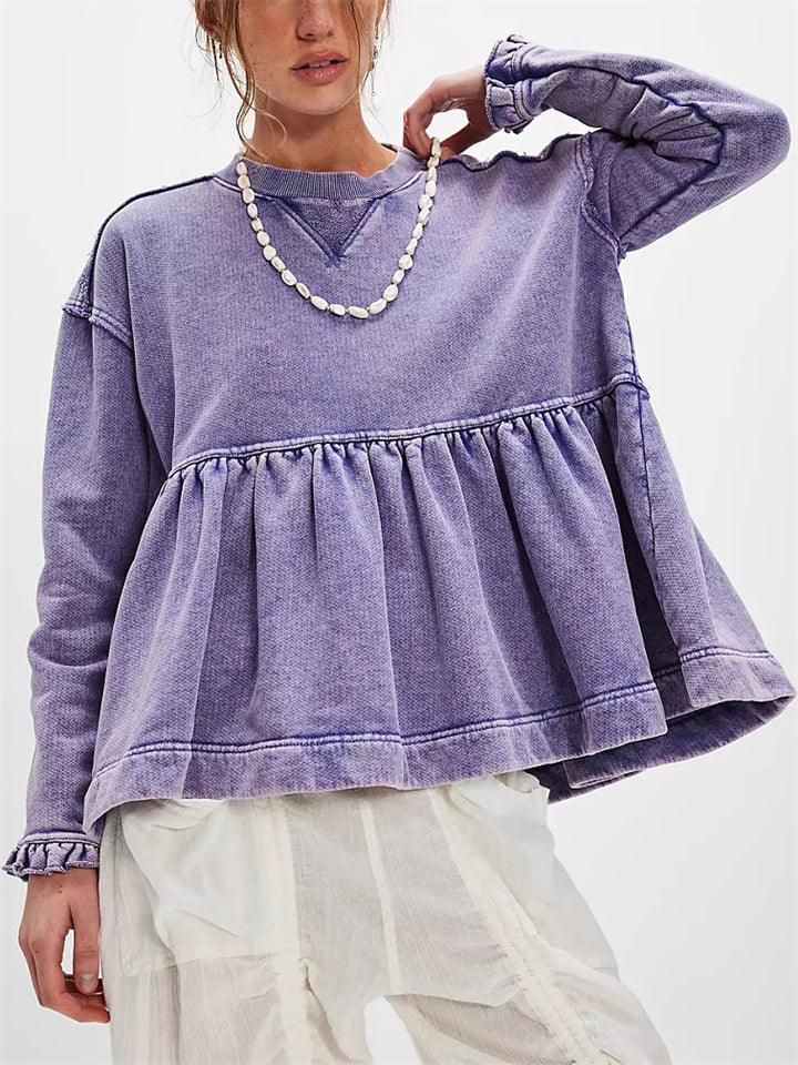 Women's Solid Color Round Neck Ruffled Hem Long Sleeve Sweatshirts