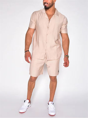Men's Hawaiian Simple Lapel Shirt Casual Shorts Beach Sets