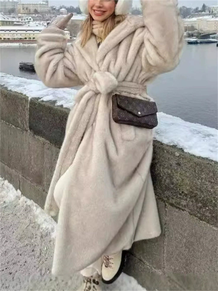 Women's Winter Oversized Beige Long Faux Fur Hooded Coat with Belt