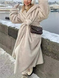 Women's Winter Oversized Beige Long Faux Fur Hooded Coat with Belt