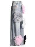 Women's 3D Flowers Wide Leg Straight Denim Pants with Fringe