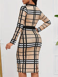 Women's Trendy Plaid V Neck Long Sleeve Split Slim Fit Dress