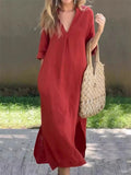 Ladies Casual Side Slit V-Neck 3/4 Sleeve Plain Dresses