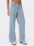 Women's Retro Mid Waist Side Stripe Straight Denim Pants