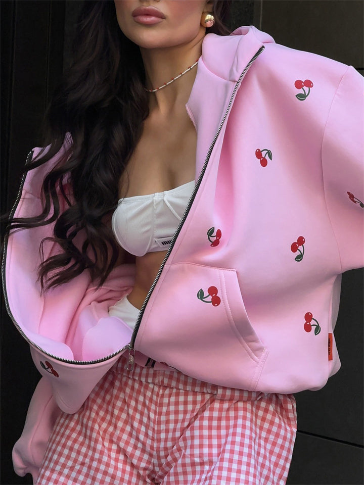 Women's Loose Cheery Print Zip Up Long Sleeve Hoodie