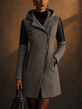 Women Quilted Sleeve Hooded Moto Coat with Asymmetric Zip