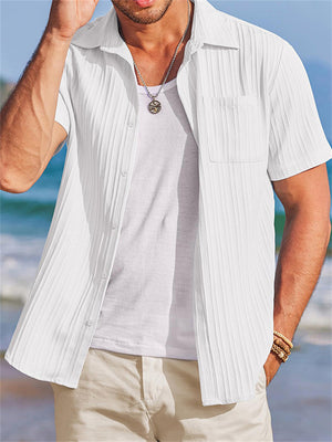 Men's Summer Stripe Textured Lapel Short Sleeve Shirt