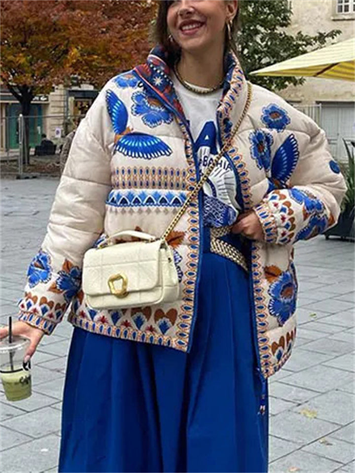 Women's Flowers Print Stand Collar Long Sleeve Zip Up Coat