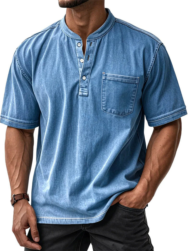 Men's Distressed Solid Color Quarter Button Pocket Round Neck Shirts