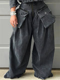 Fashion Pockets Wide Leg Distressed Denim Pants for Women