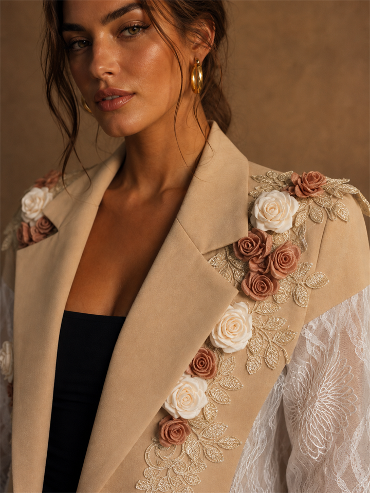Womens 3D Floral Applique Lace Patchwork Blazer Coat