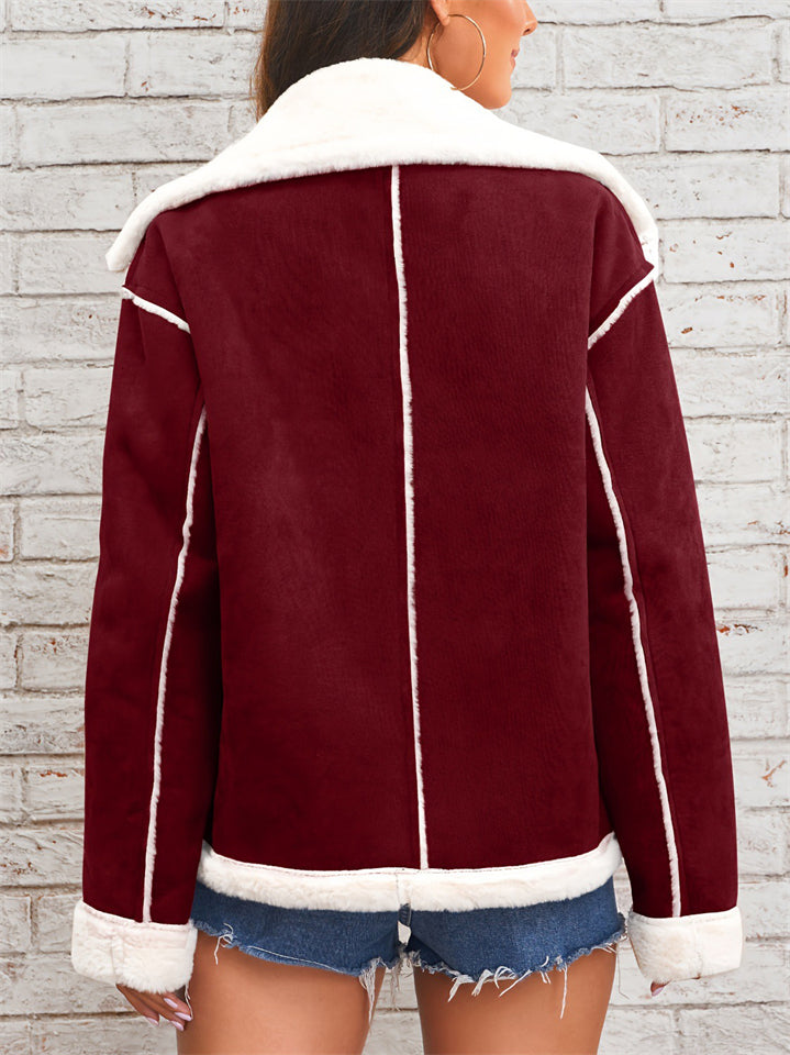 Women's Winter Trendy Contrast Color Patchwork Lapel Single Breasted Coats