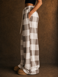 Women Plaid Baggy High Waist Drawstring Lounge Wide Leg Pants