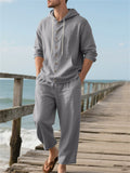 Men's Casual Solid Color Linen Button Up Long Sleeve Hoodie Outfit