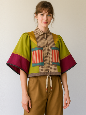 Boho Patchwork Lantern Sleeve Crop Shirt