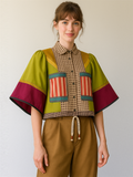 Boho Patchwork Lantern Sleeve Crop Shirt