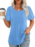Women's Casual Solid Color Pleated Round Neck Short Sleeve Shirts