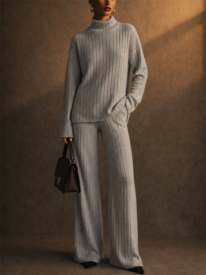 Women 2 Piece Cozy Ribbed Knit Turtleneck Top and Wide Leg Pants Set