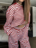Women's Comfy Round Neck Striped Loose Fit Casual Top and Drawstring Pants Set