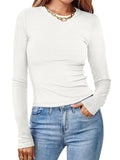 Women's Solid Color Round Neck Long-sleeved Pit Stripe Shirts