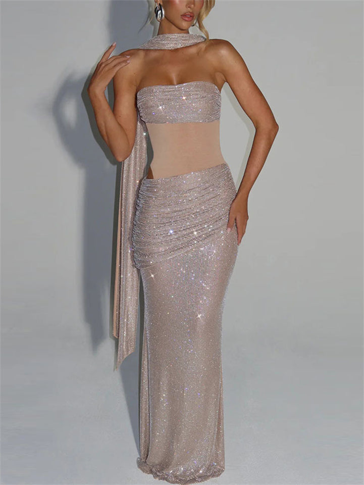 Female's Sequined Solid Color Tube Evening Dress with Scarf